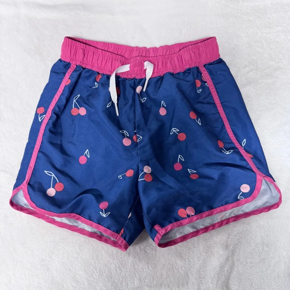 Hanna Andersson Girls Cherry Print Board Shorts Navy Pink Swim Trunks Size 5 110